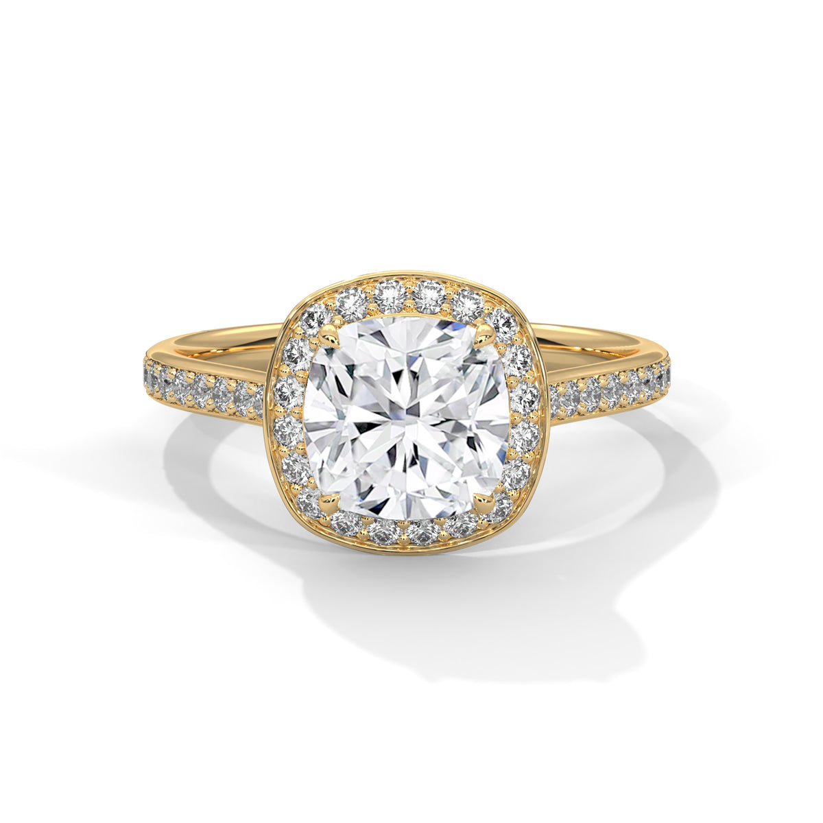 Anillo de compromiso con halo milgrain vintage y brazo pavé para cojín cuadrado