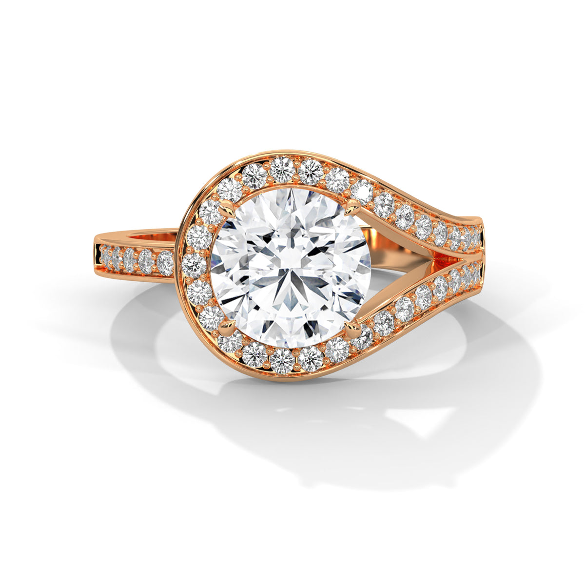 Rose gold ring with a large diamond and smaller diamonds on a white background