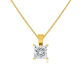 A yellow gold necklace with a princess-cut clear gemstone pendant, displayed on a clean white background with a soft reflection below.