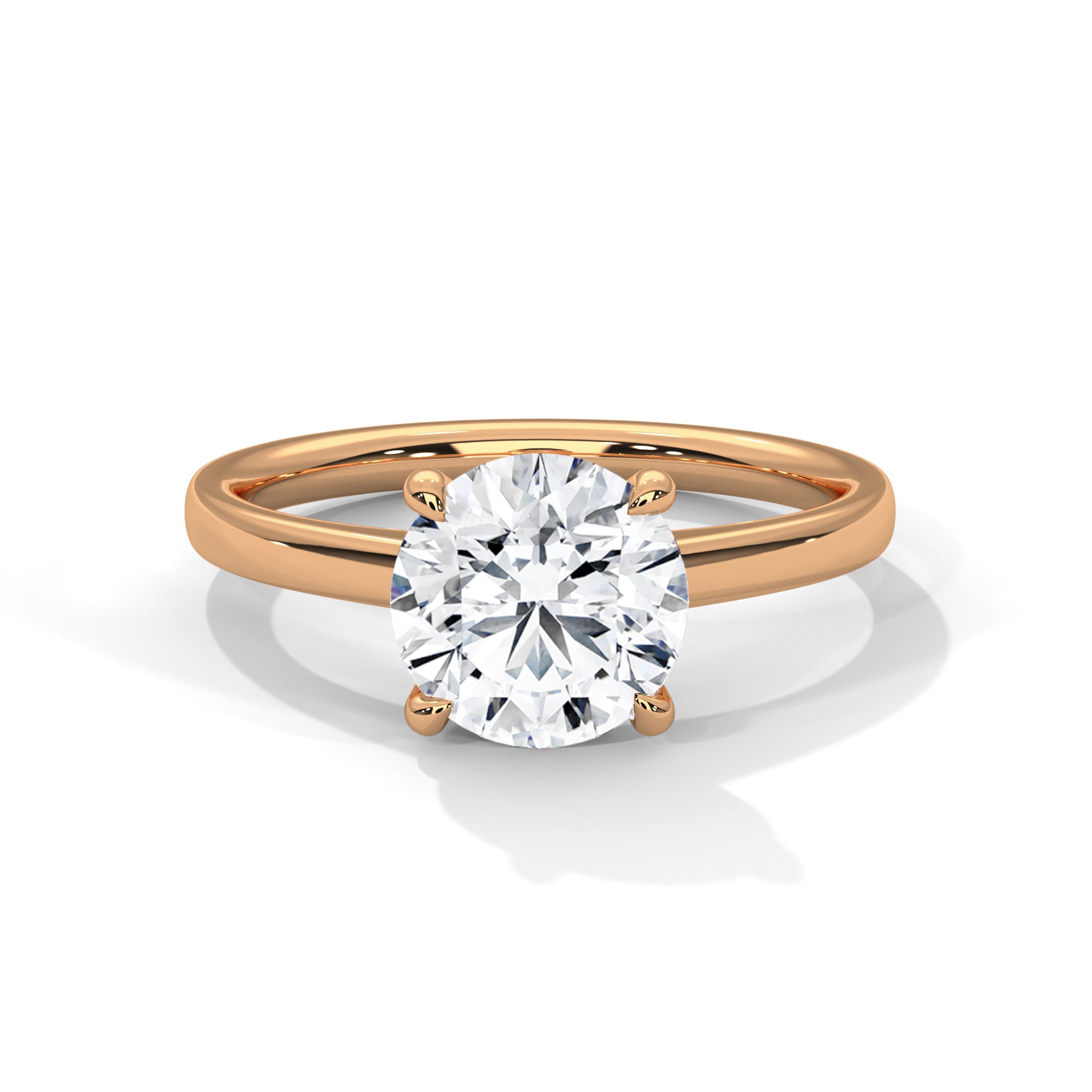 Rose gold ring with a large diamond on a white background