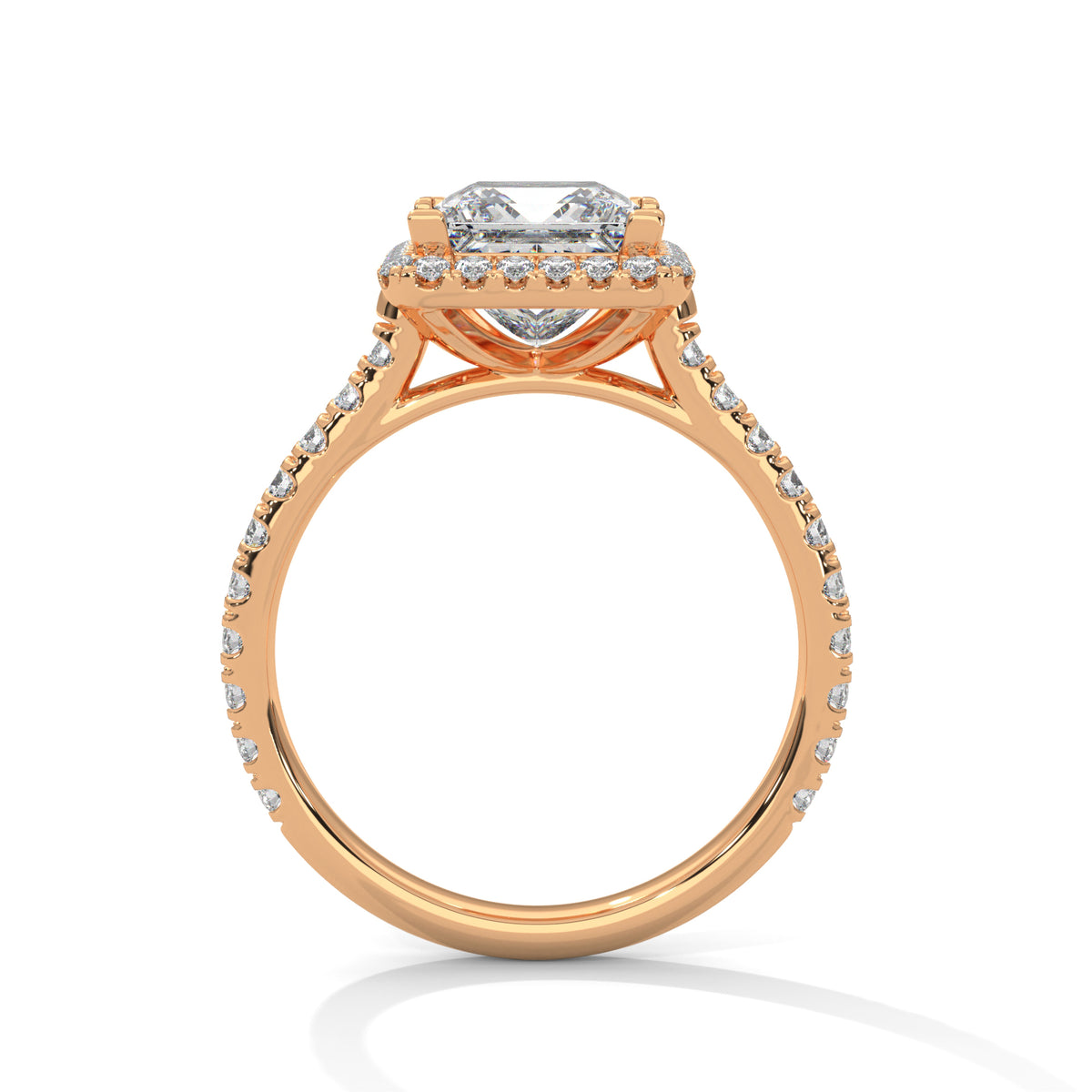 Rose gold ring with diamond accents on a white background