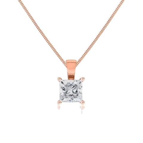 A rose gold necklace with a princess-cut diamond pendant, displayed on a clean white background with a soft reflection below.