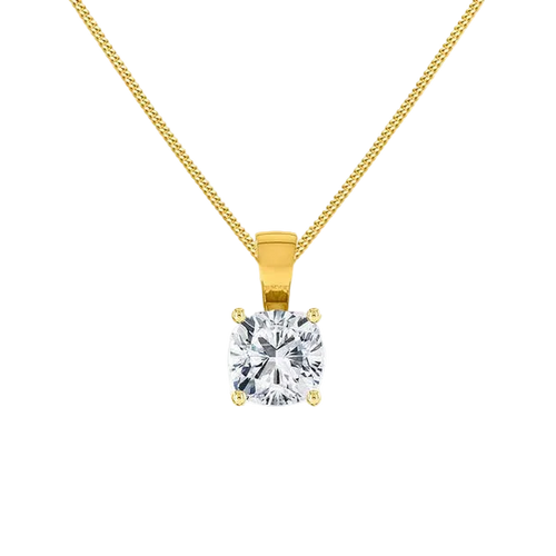 Gold necklace with a diamond pendant on a white background