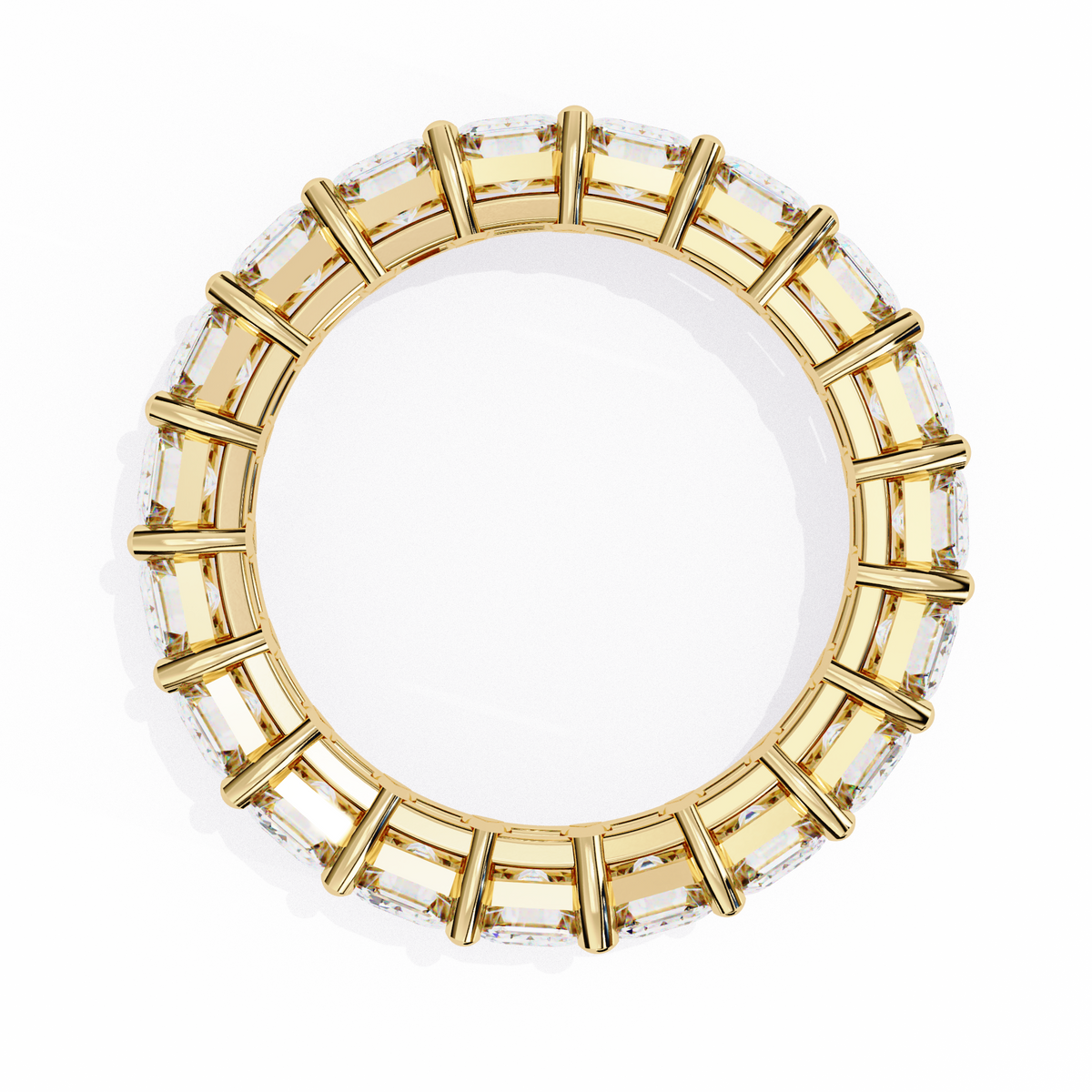 Gold ring with clear gemstones on a white background