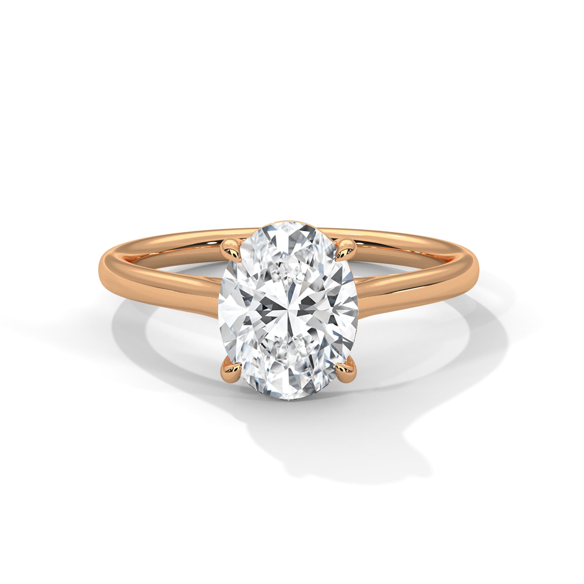 Rose gold ring with a large diamond on a white background
