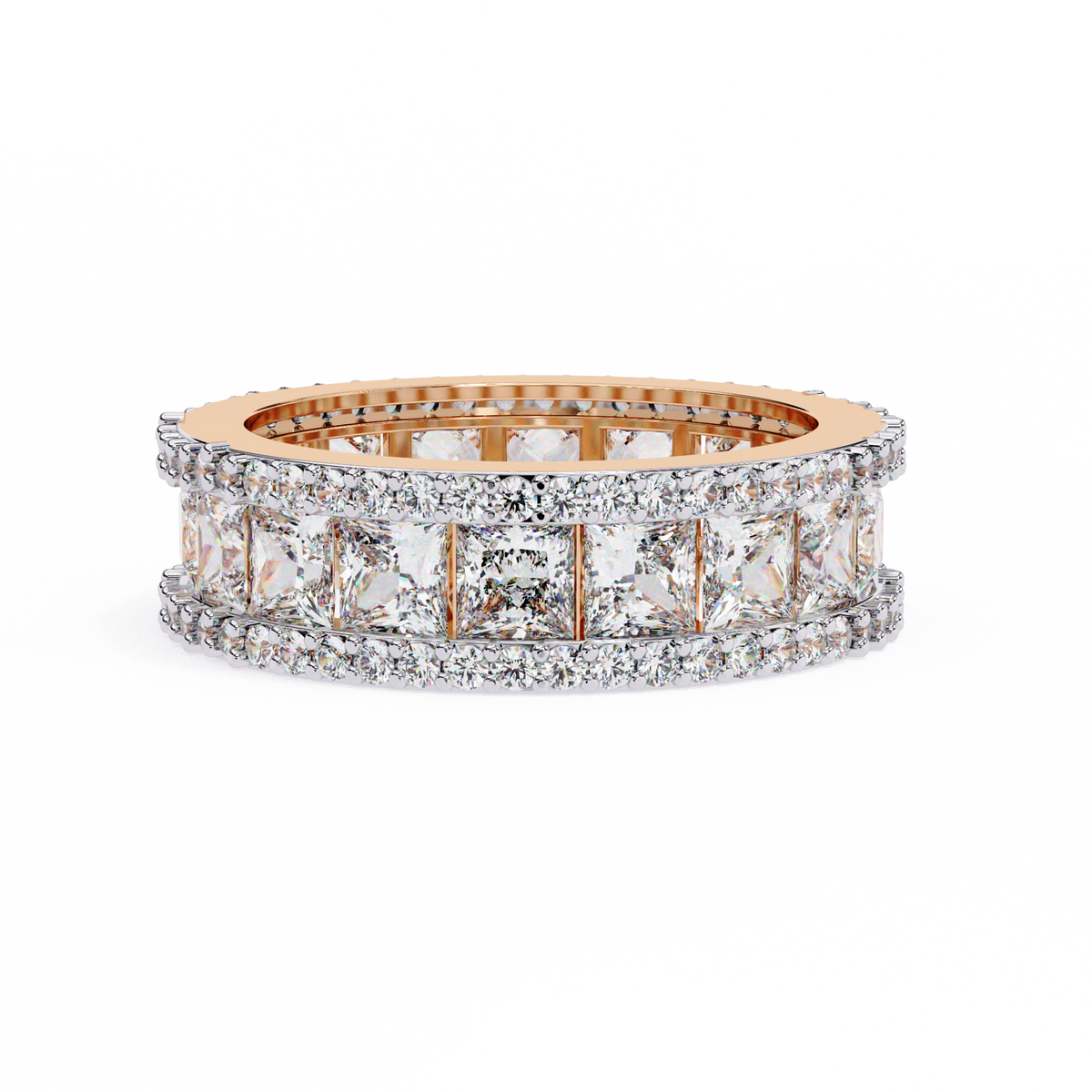 Rose gold and diamond eternity ring on a white background