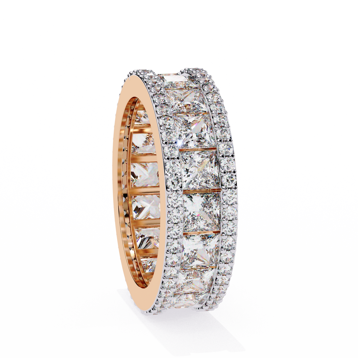 Rose gold and diamond eternity ring on a white background