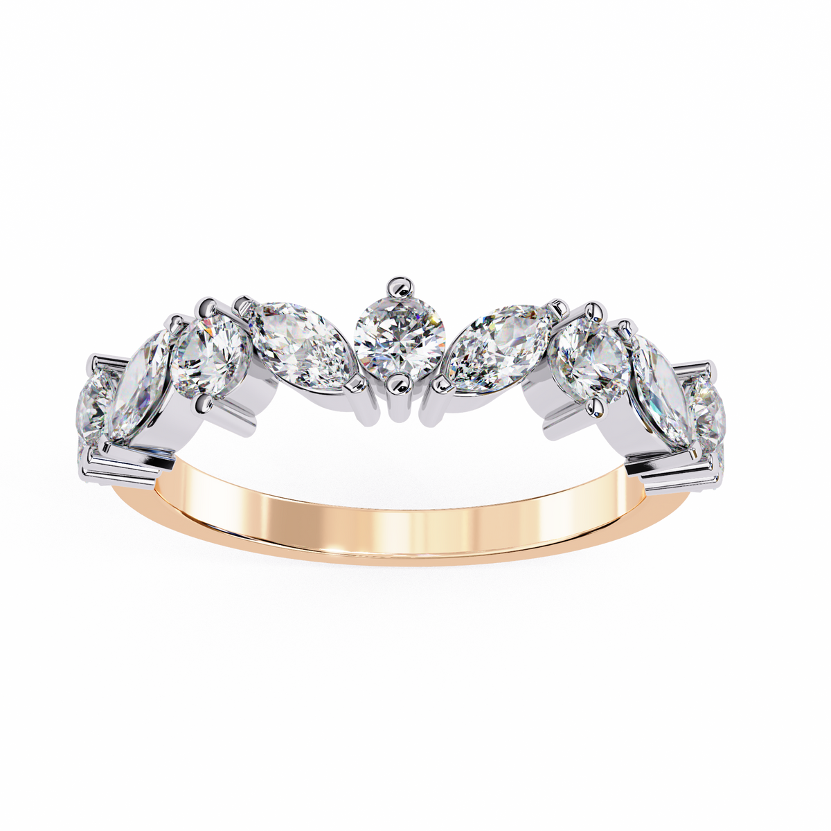 Anillo de diamantes cultivados en laboratorio con cortes marquesa y redondos alternados, 0.90 CT