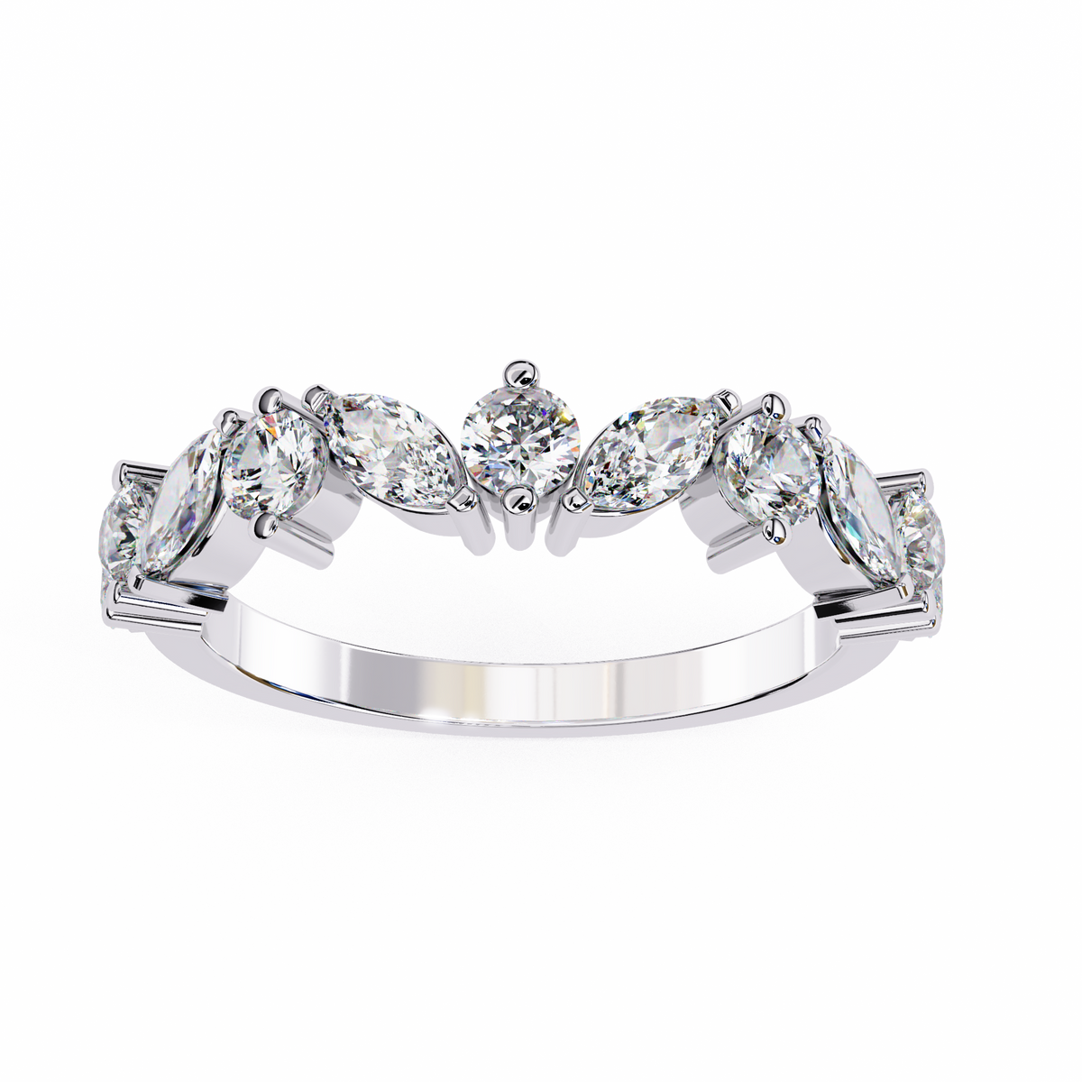 Anillo de diamantes cultivados en laboratorio con cortes marquesa y redondos alternados, 0.90 CT