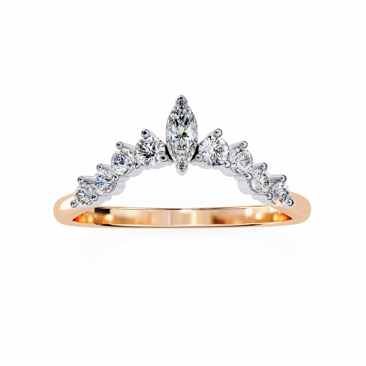 Rose gold ring with diamond accents on a white background