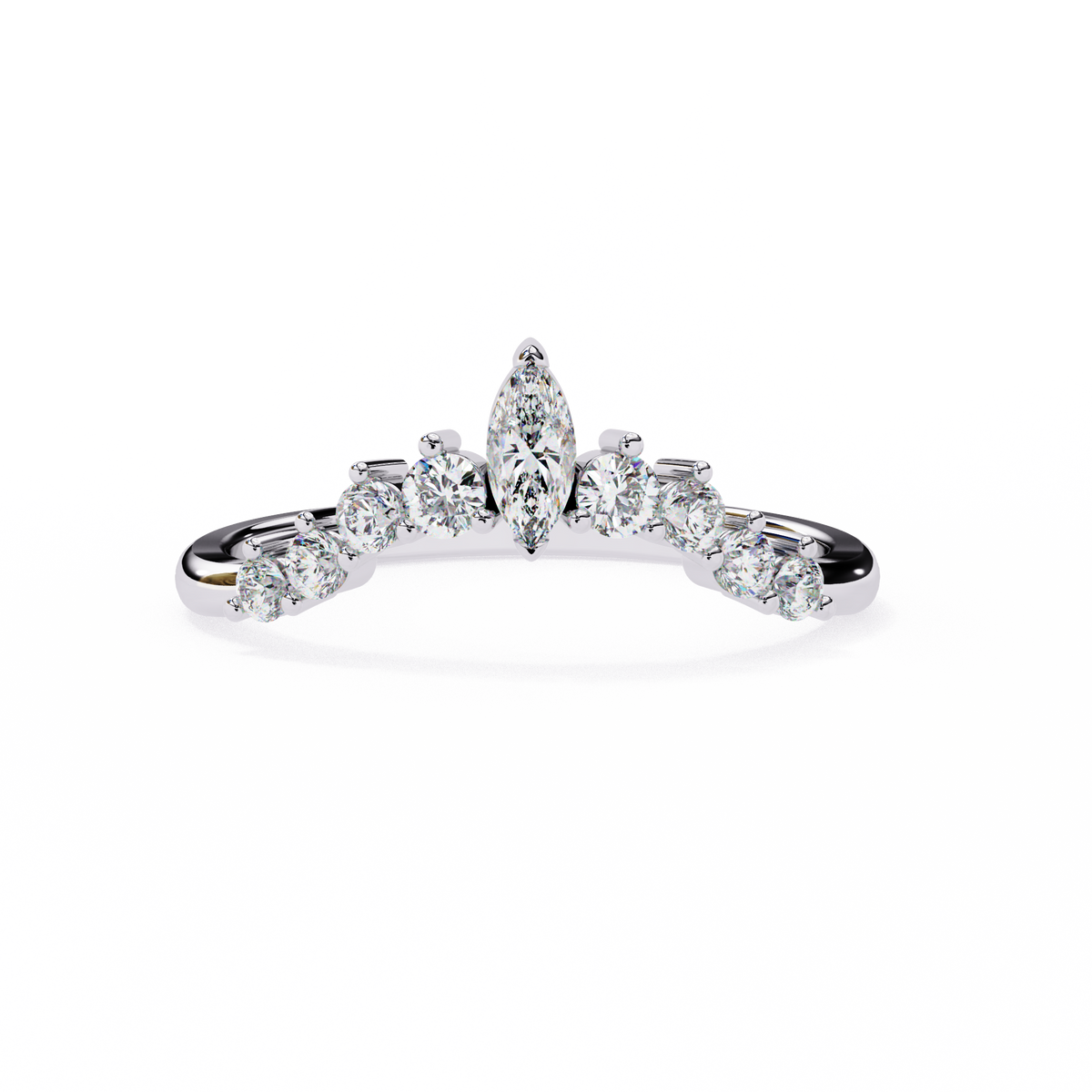 Diamond ring with a central marquise-cut diamond and smaller round diamonds on a white background