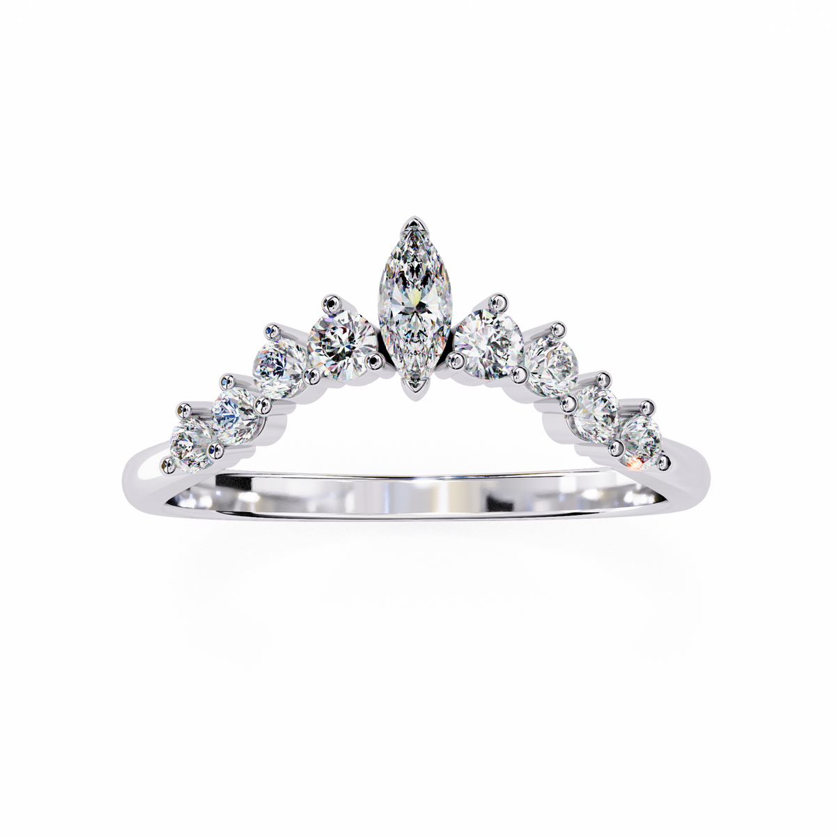 Diamond ring with a central marquise-cut diamond and smaller round diamonds on a white background
