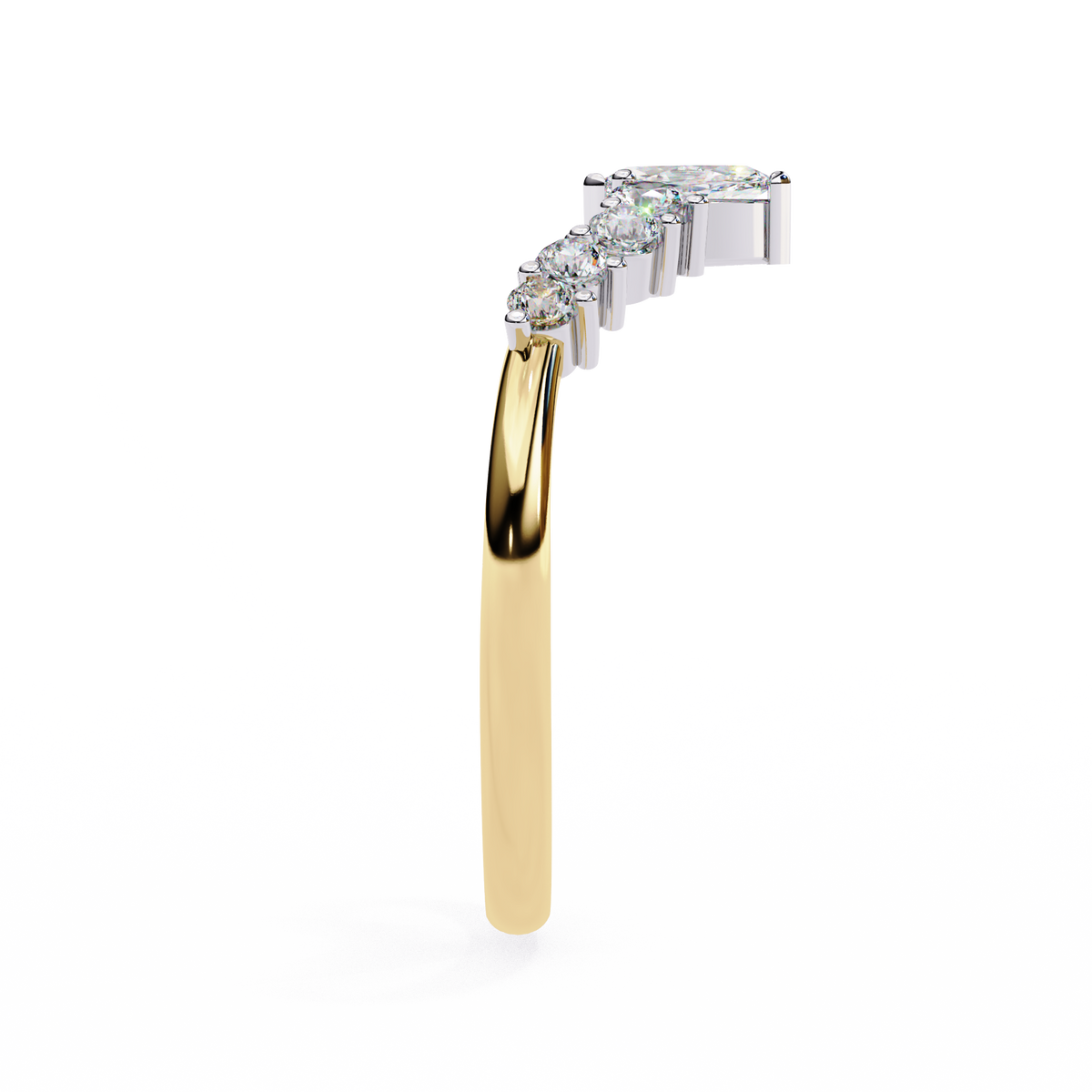 Gold earring with diamond-studded curved design on a white background