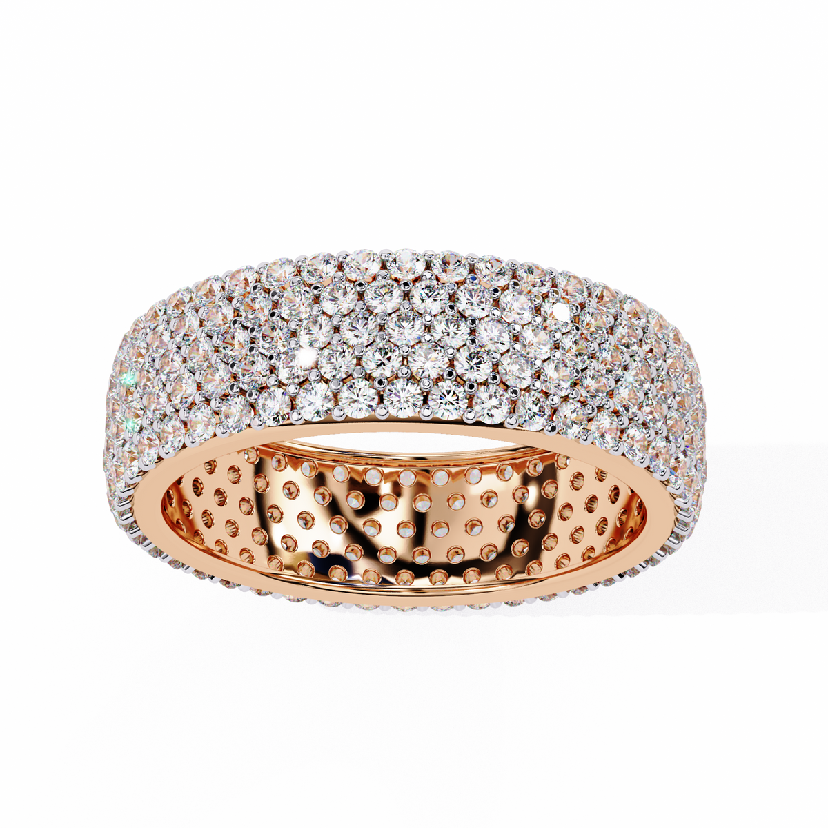 Rose gold ring with diamond accents on a white background