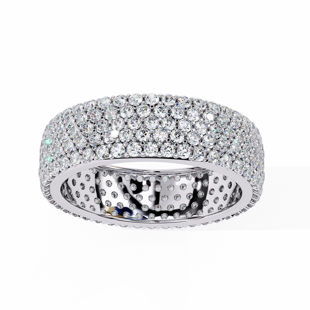 Silver ring with multiple rows of diamonds on a white background
