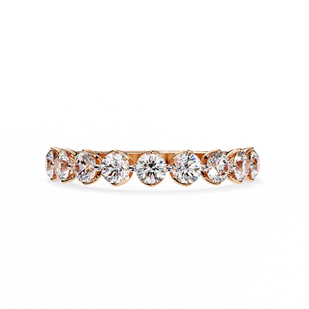 Rose gold ring with round diamonds on a white background
