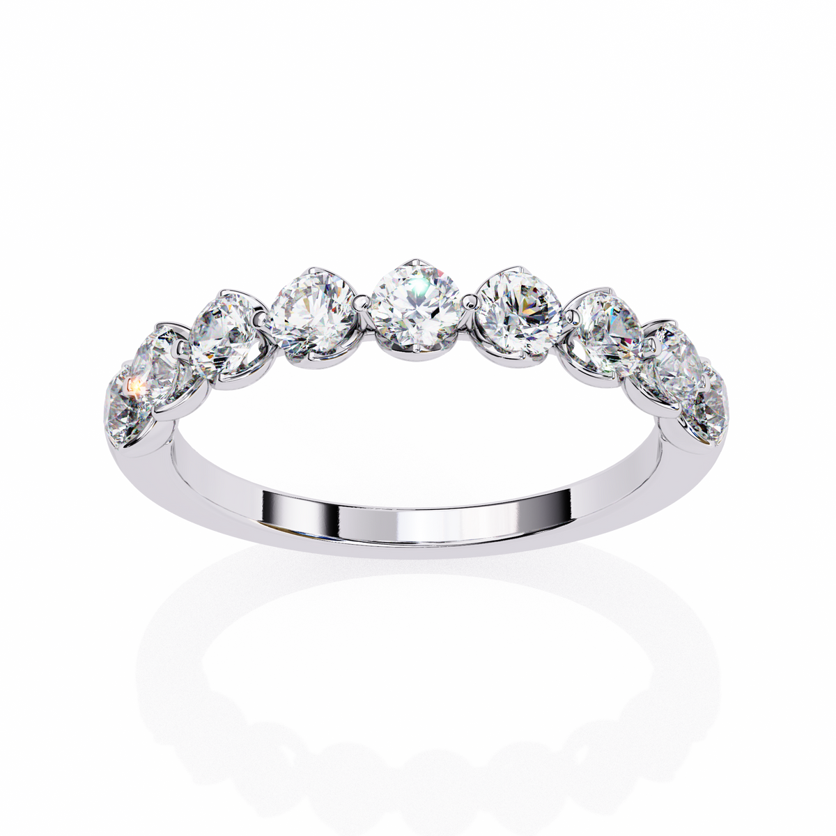 Silver ring with multiple diamonds on a white background