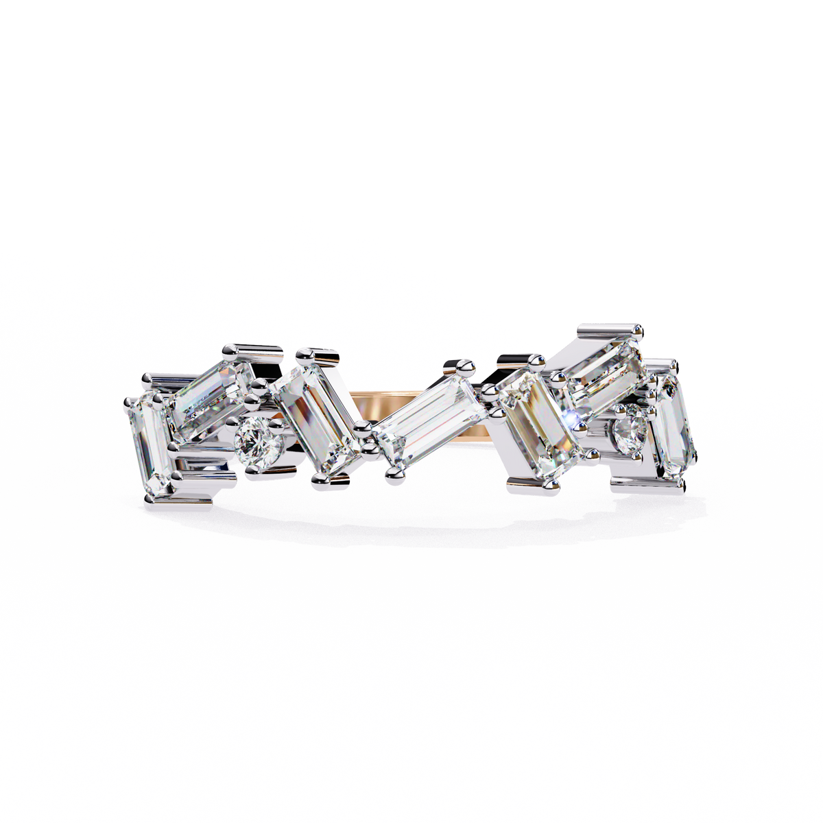 Diamond ring with emerald-cut stones on a white background
