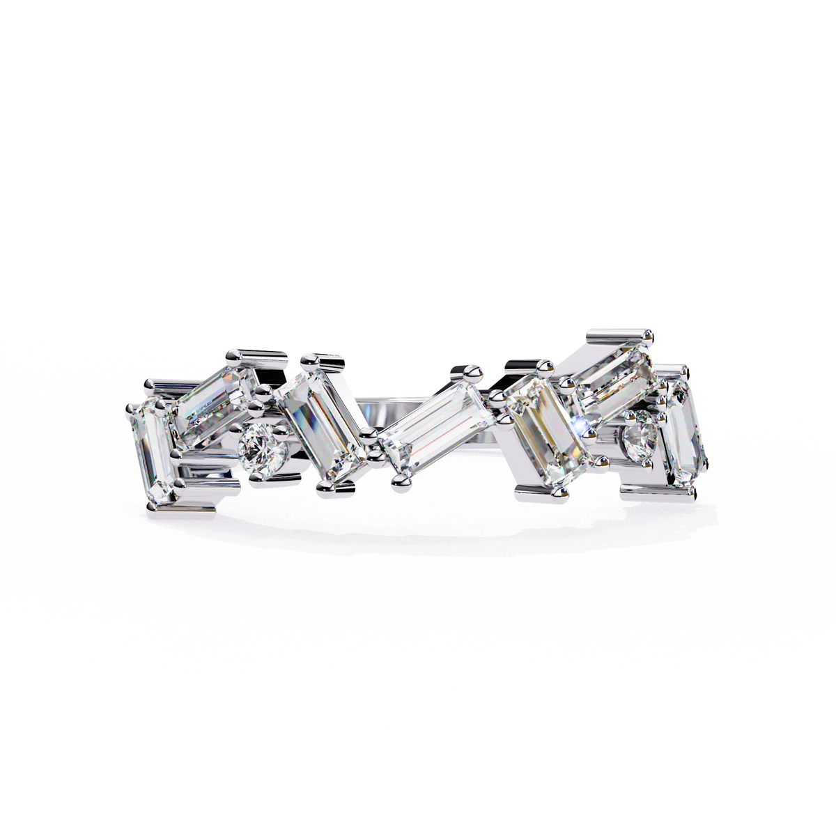Diamond ring with emerald-cut stones on a white background