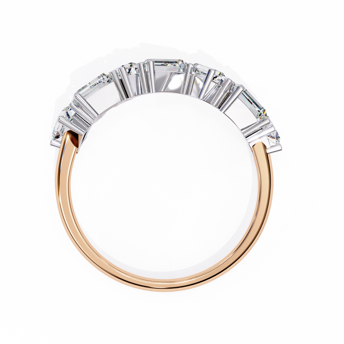 Diamond ring with rose gold band on a white background