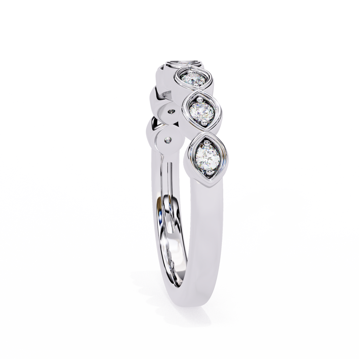 Silver ring with three diamonds on a white background
