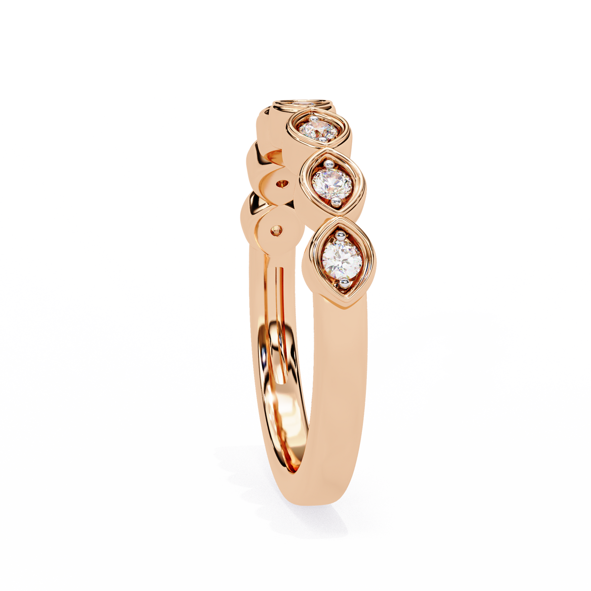 Rose gold ring with diamond accents on a white background
