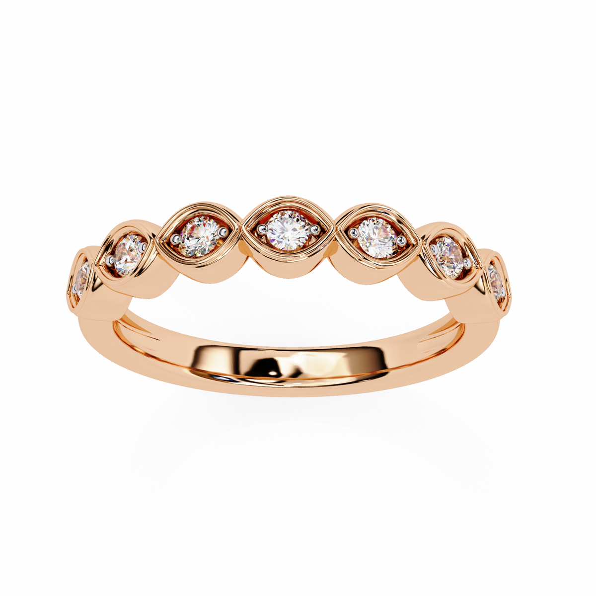 Rose gold ring with diamonds on a white background