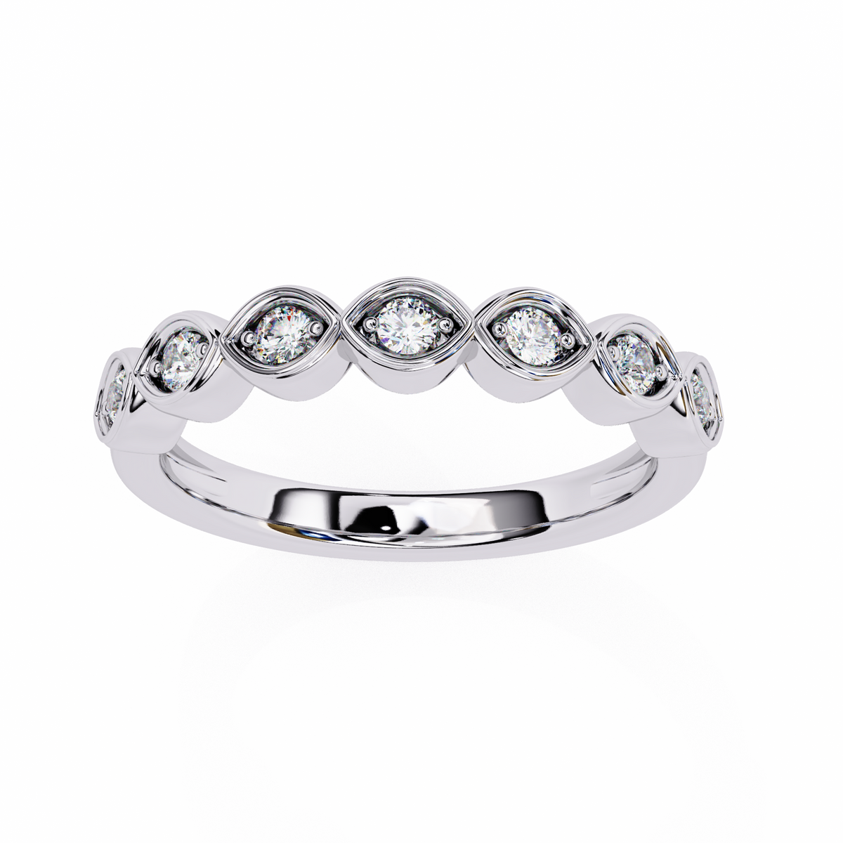 Silver ring with embedded diamonds on a white background