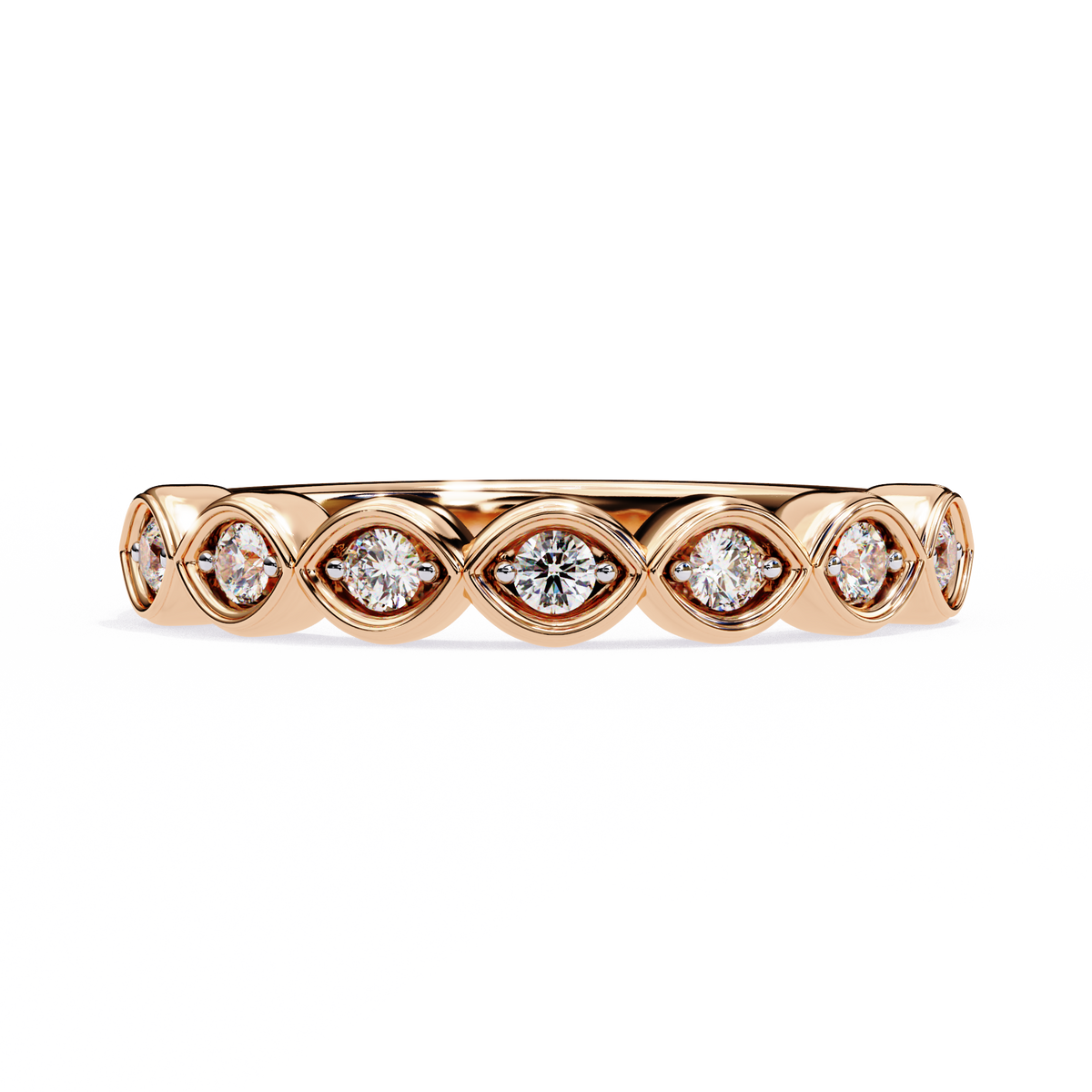 Rose gold ring with diamonds on a white background