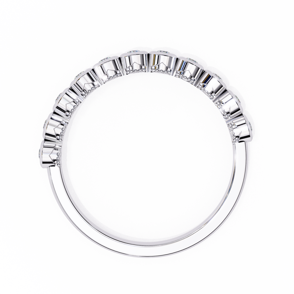 Silver ring with baguette-cut diamonds on a white background
