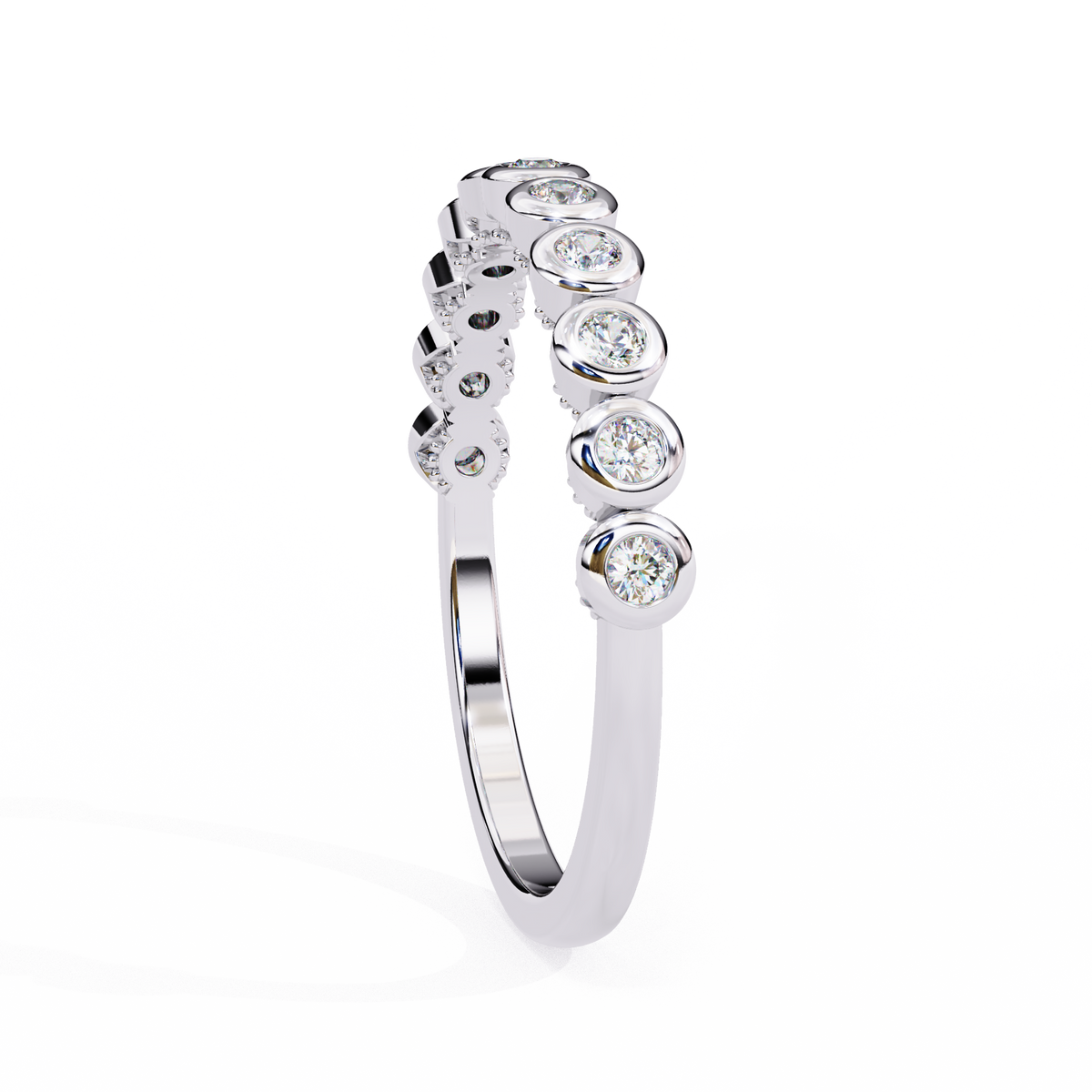 A silver-toned diamond band ring featuring a row of round-cut diamonds set in a curved row of small pavé-set diamonds, shown on a clean white background.