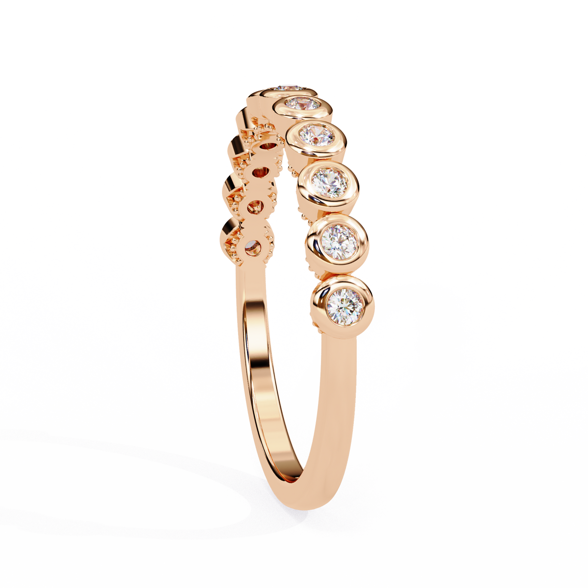 Rose gold ring with embedded diamonds on a white background