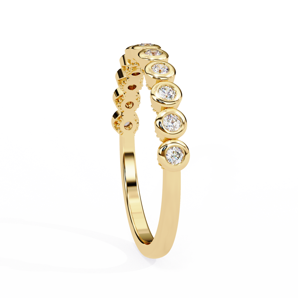 Gold ring with embedded diamonds on a white background