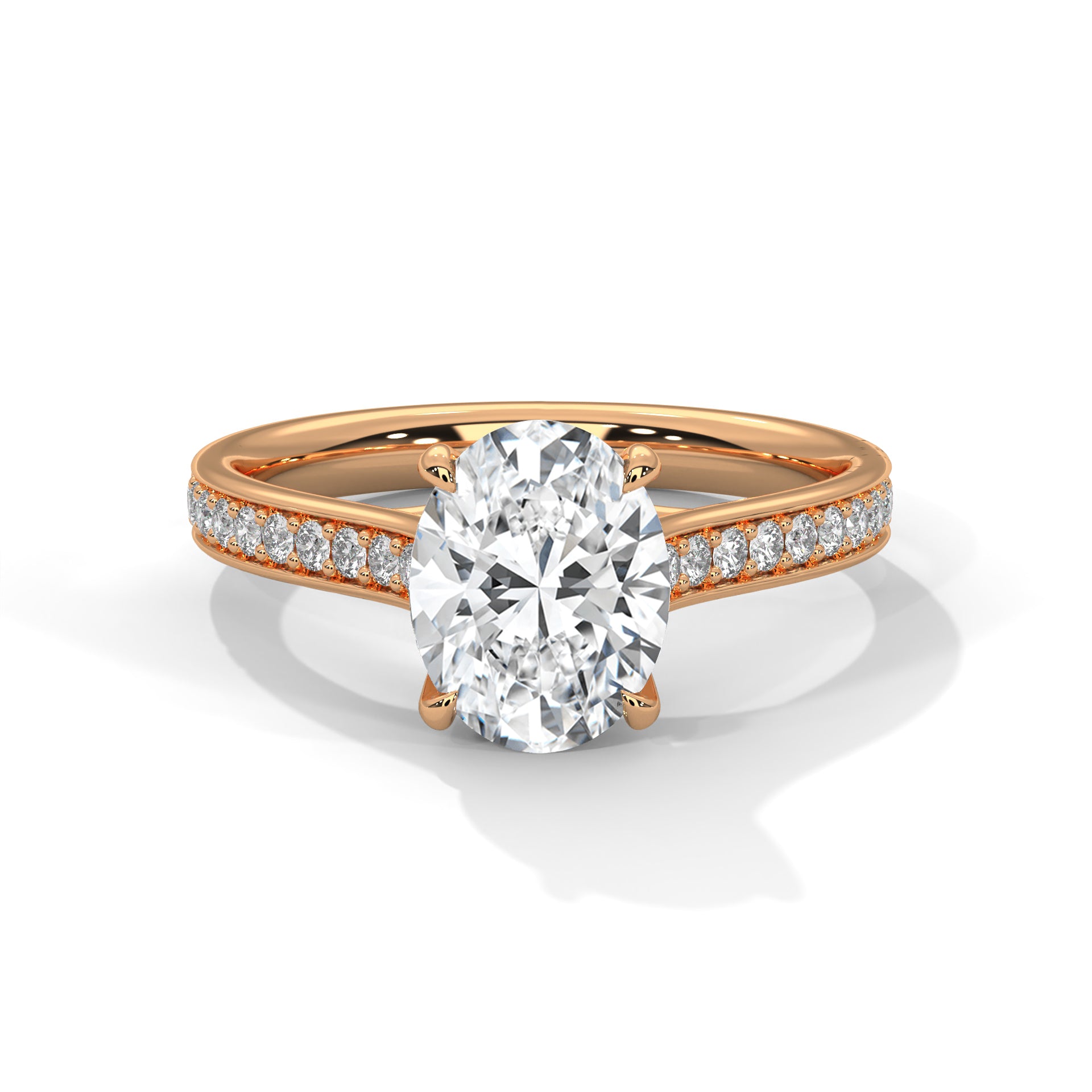 Rose gold ring with a large diamond and smaller diamonds on the band against a white background