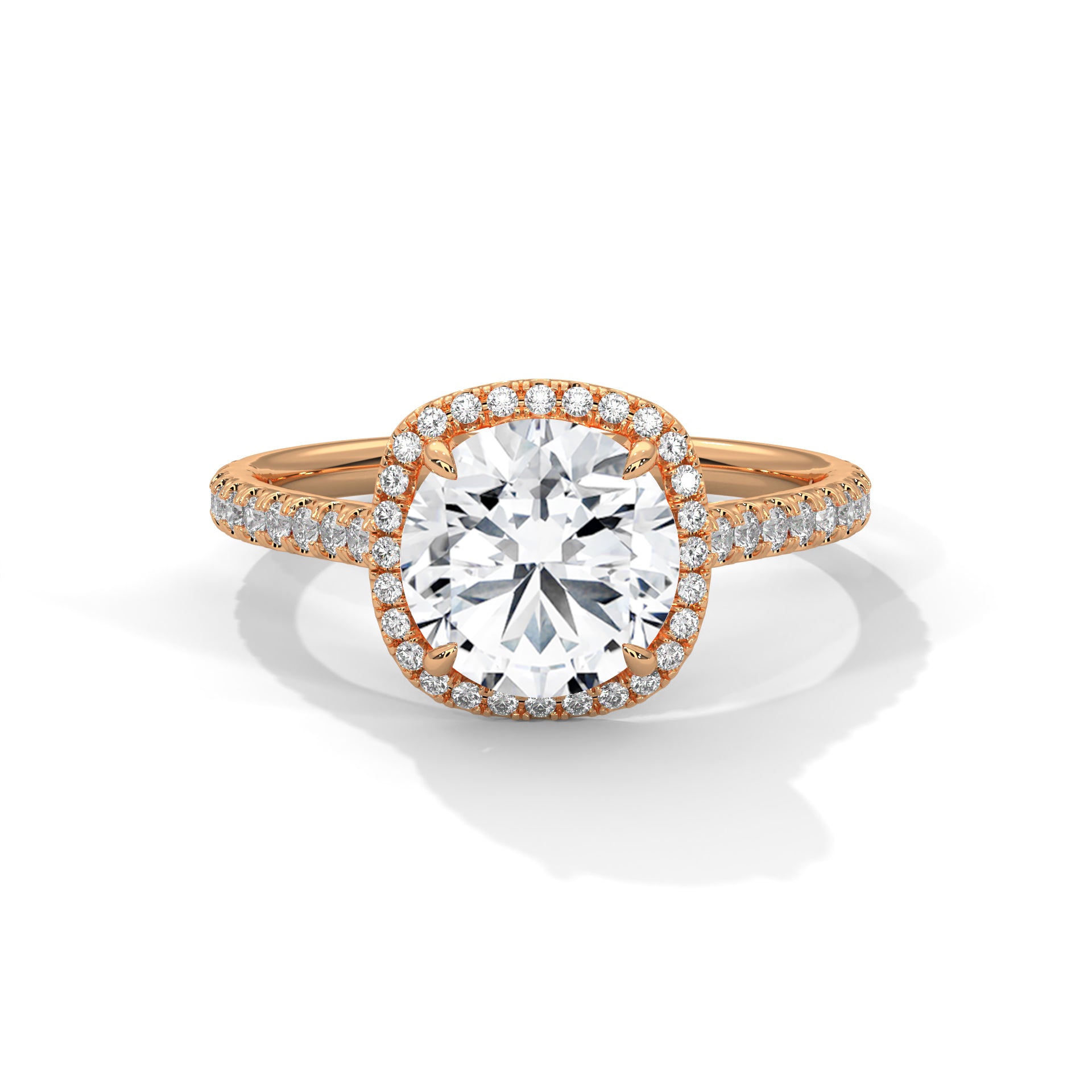 Rose gold ring with a large diamond and smaller diamonds around on a white background