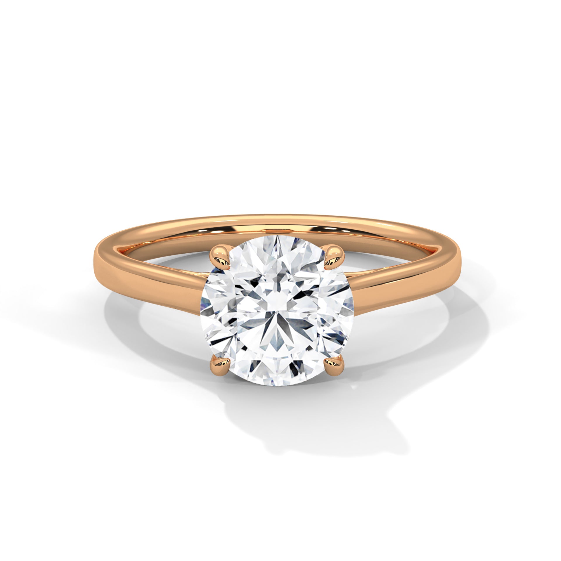 Rose gold ring with a large diamond on a white background