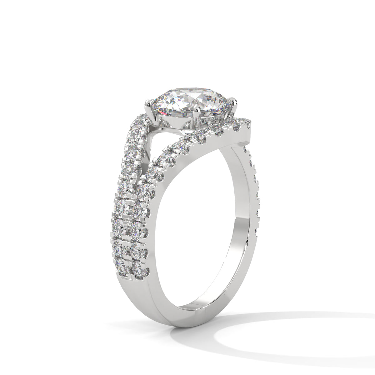 A silver-toned engagement ring featuring a large oval-cut center stone and a twisted pavé band set with small round stones, shown on a clean white background with a soft shadow.