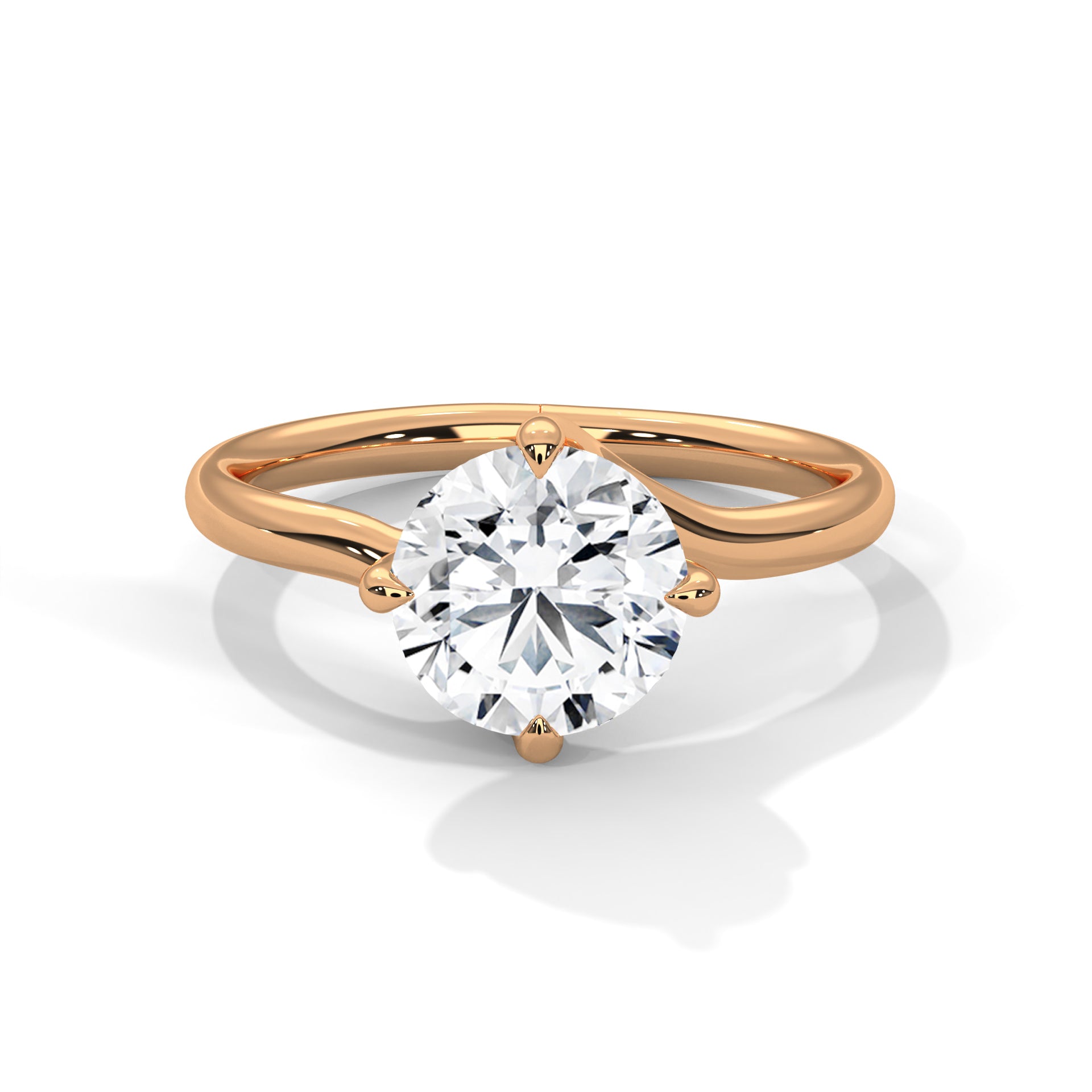 Rose gold ring with a large diamond on a white background