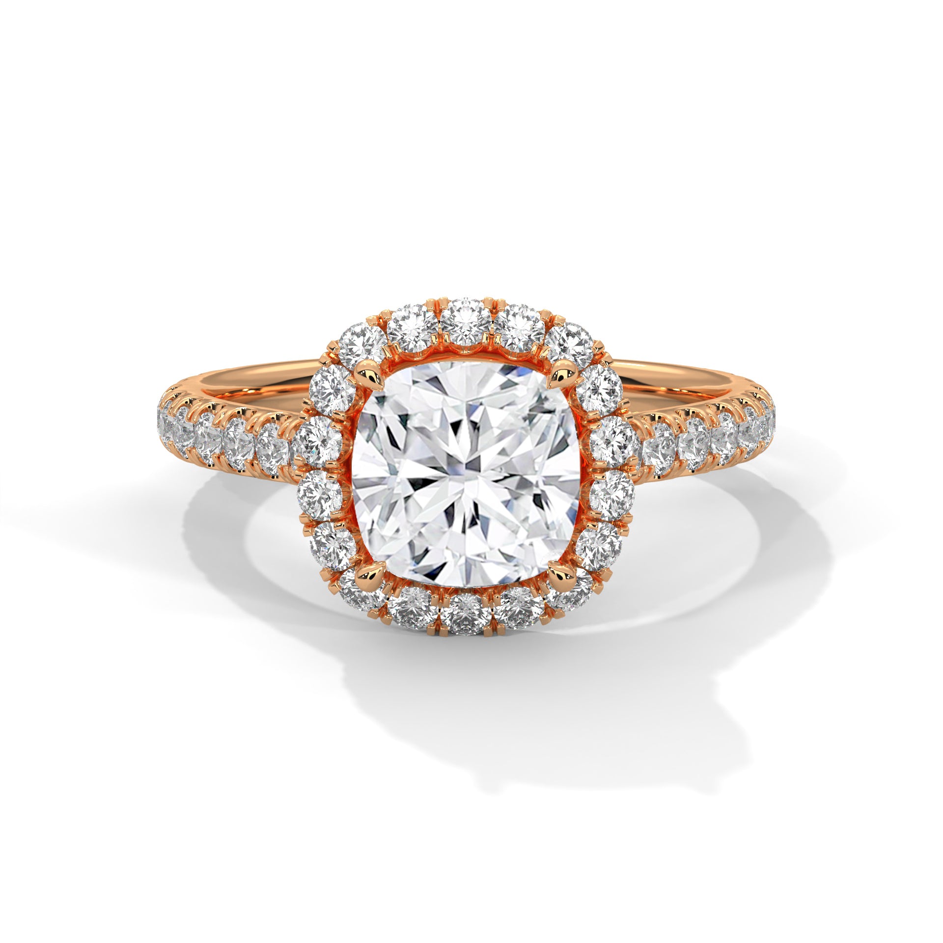 Rose gold ring with a large diamond and smaller diamonds on a white background