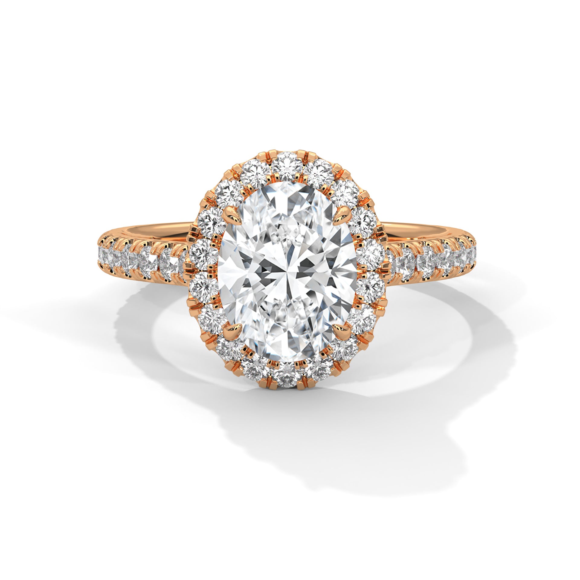 Rose gold ring with a large diamond and smaller diamonds on a white background