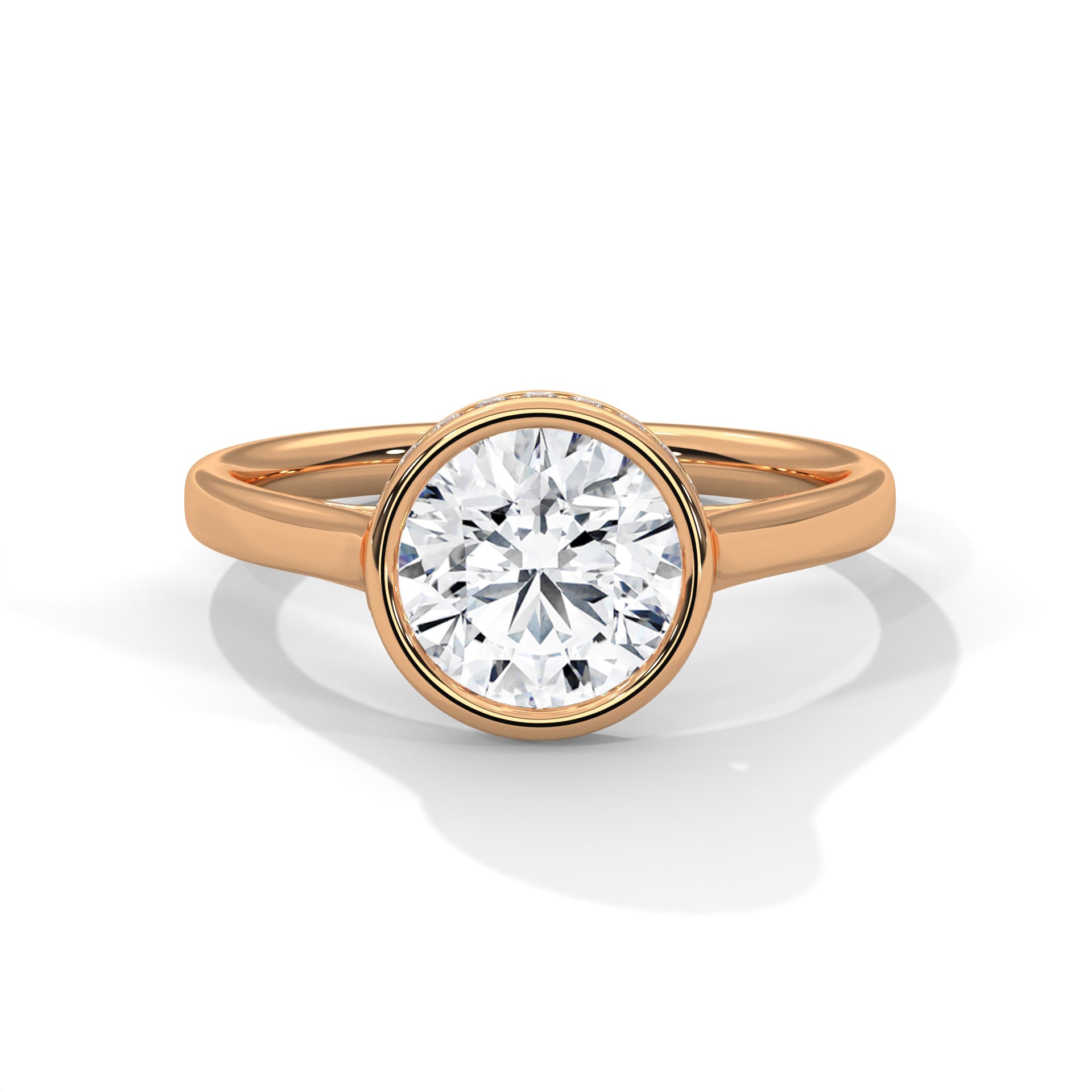 Rose gold ring with a large diamond on a white background