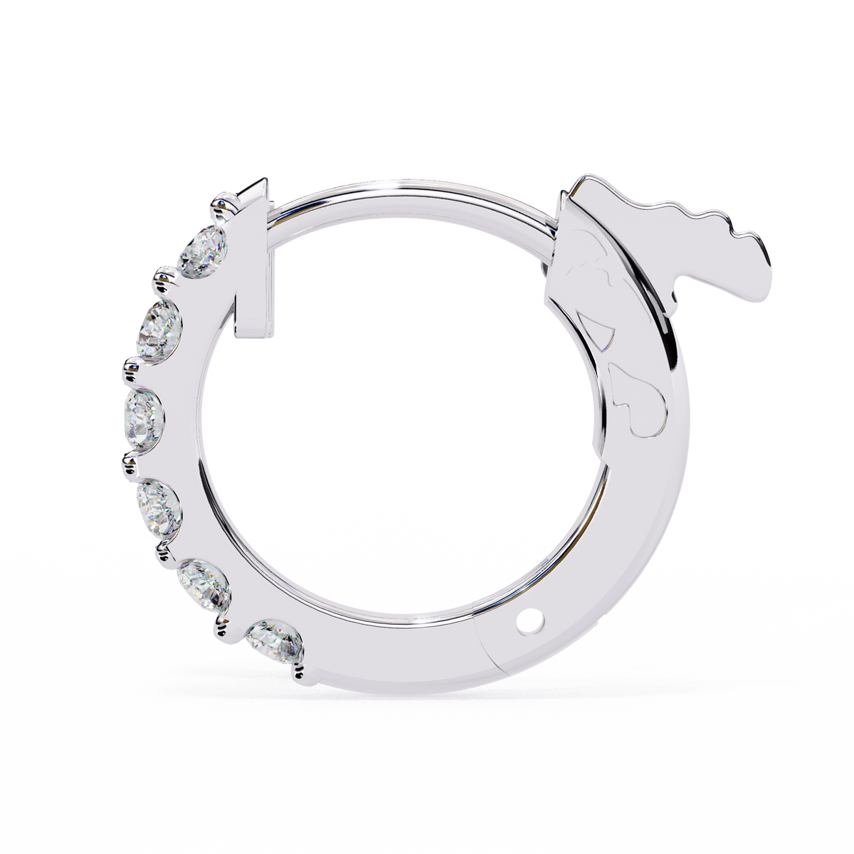 Silver hoop earring with embedded crystals on a white background