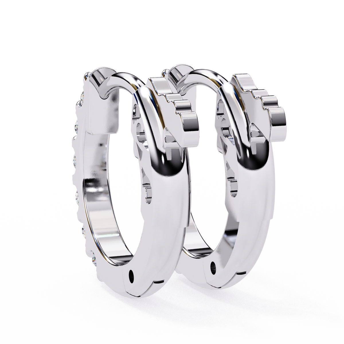Pair of silver hoop earrings on a white background
