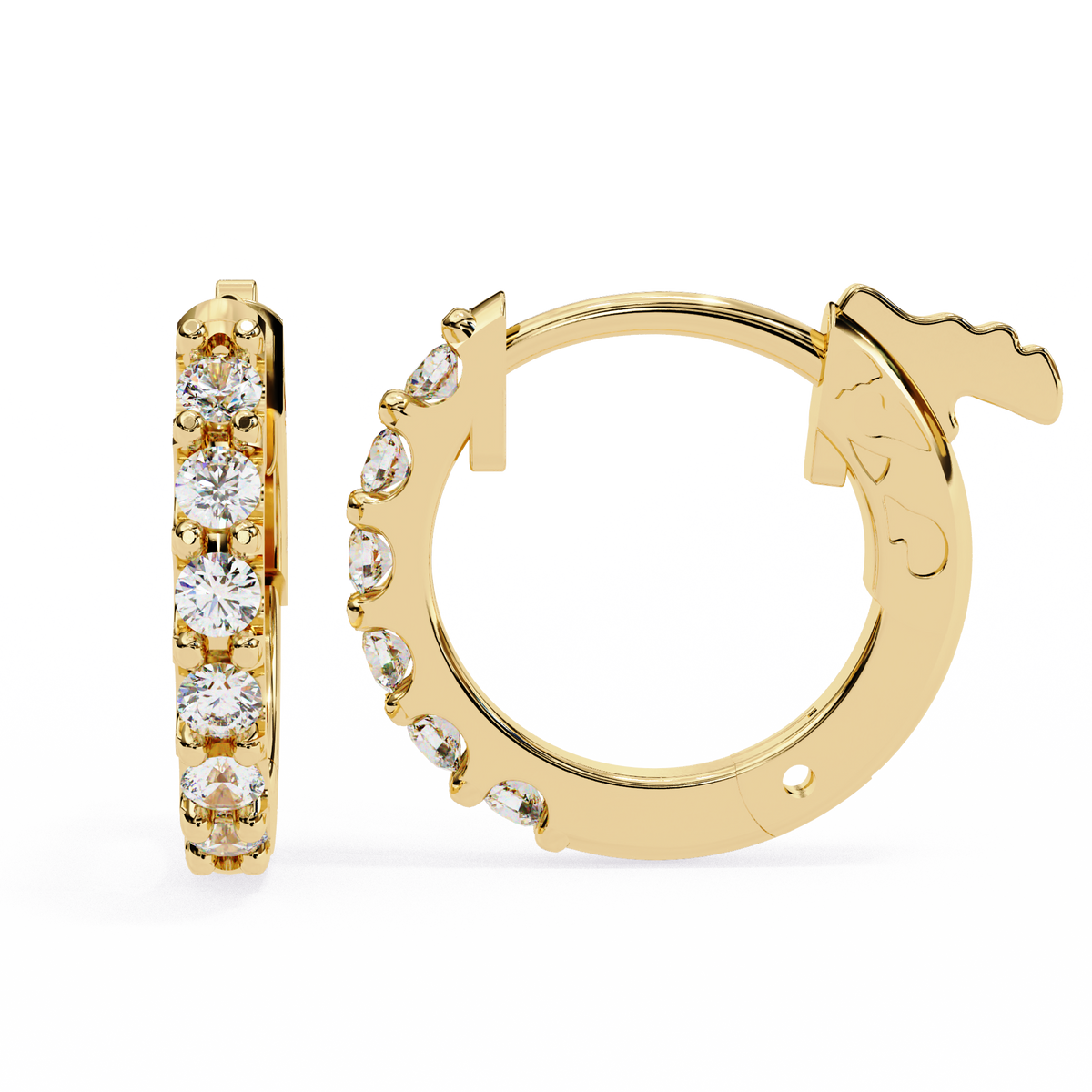 Gold hoop earrings with clear gemstones on a white background