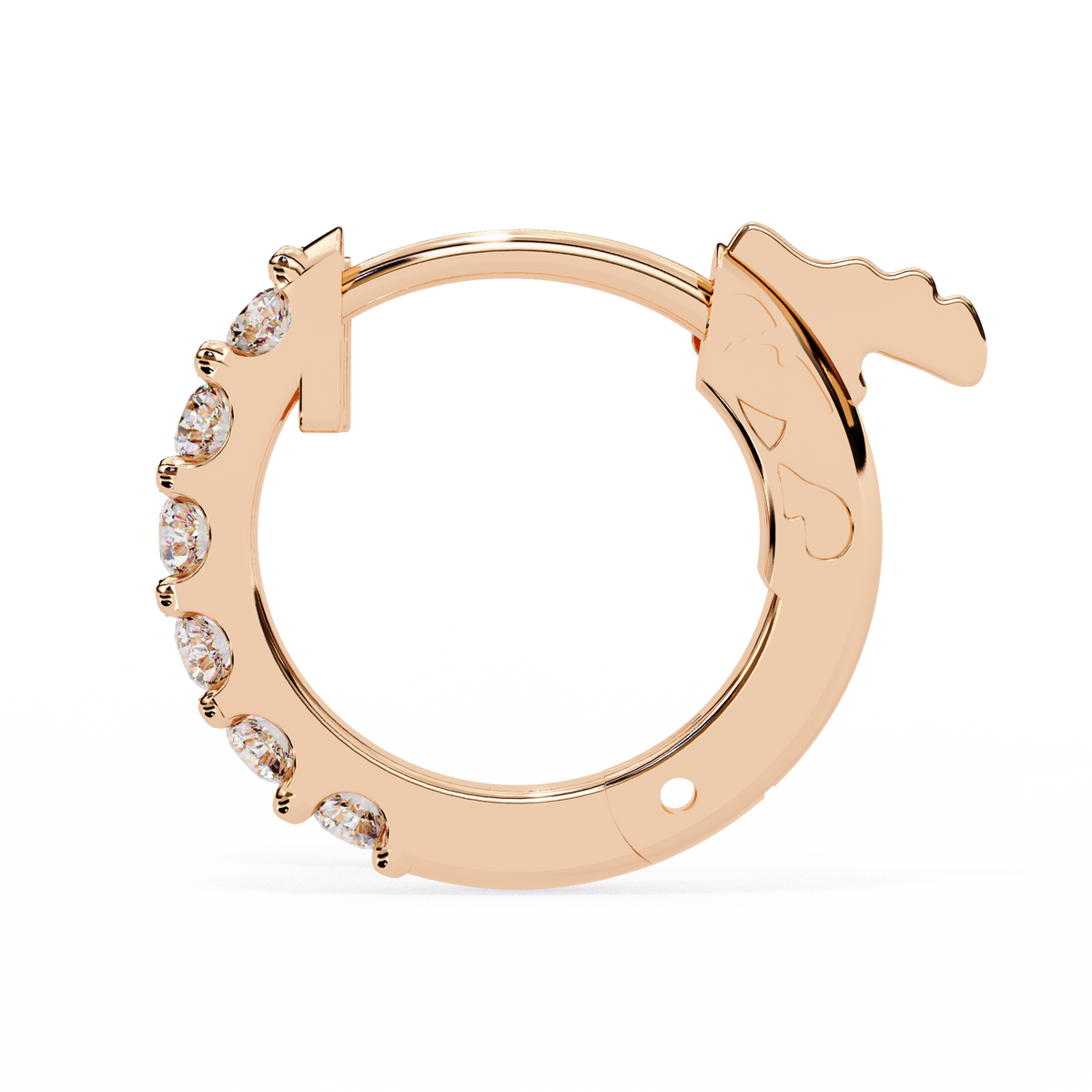 Rose gold hoop earring with small crystals on a white background