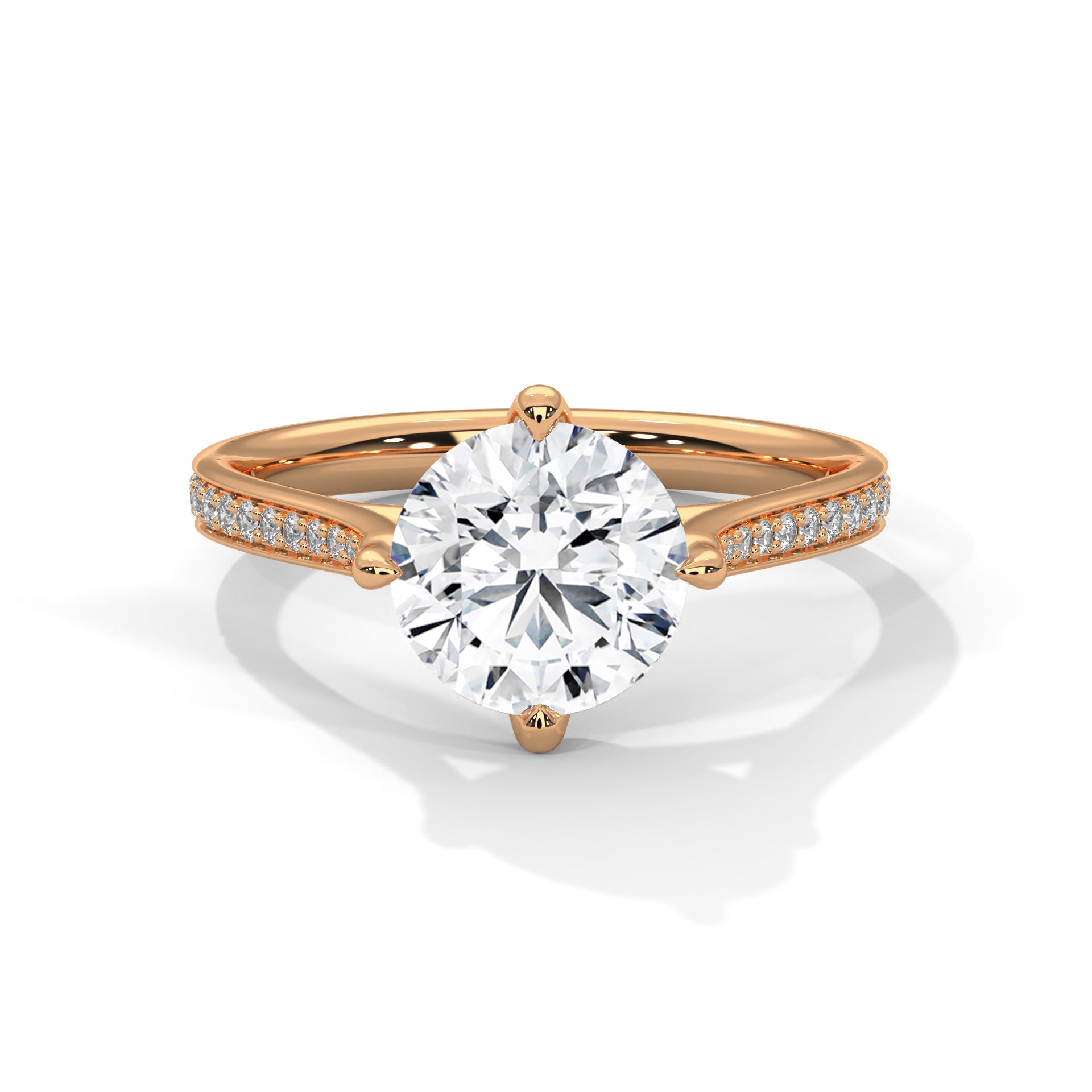 Rose gold ring with a large diamond and smaller diamonds on the band against a white background