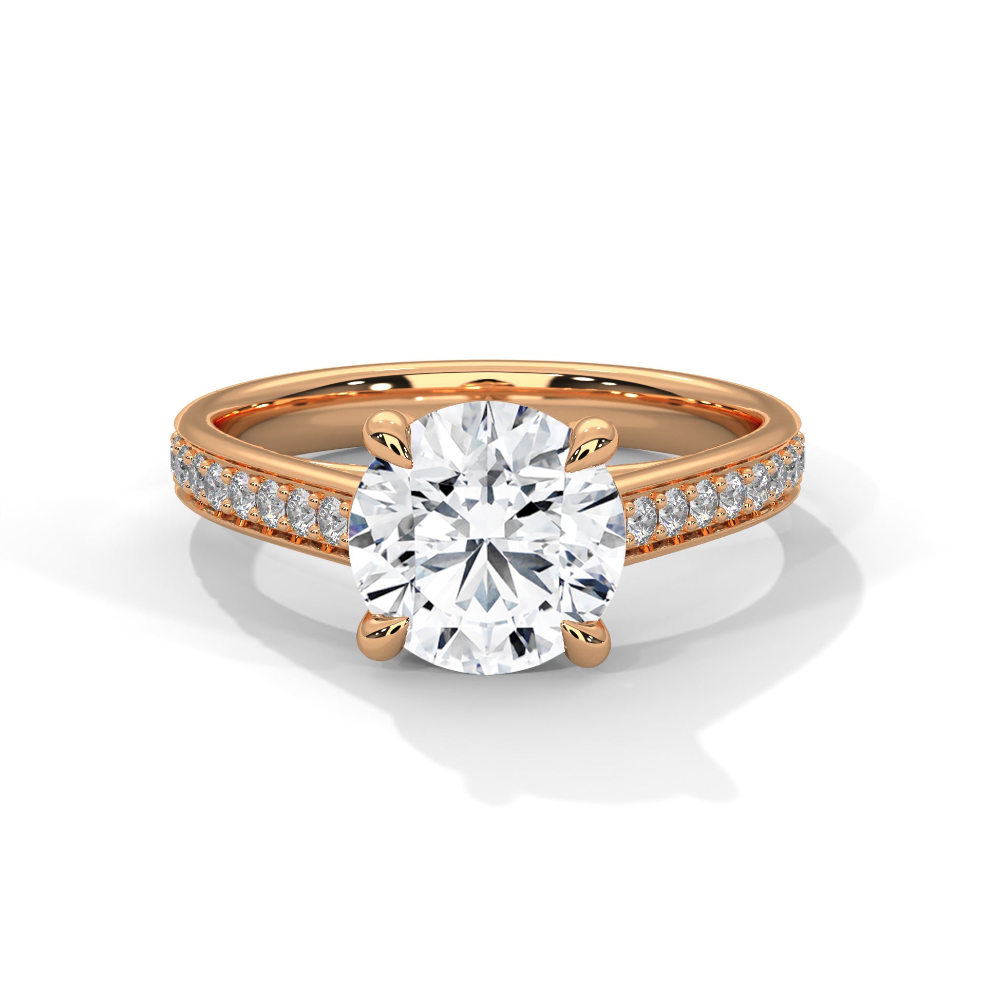Rose gold ring with a large diamond and smaller diamonds on the band against a white background