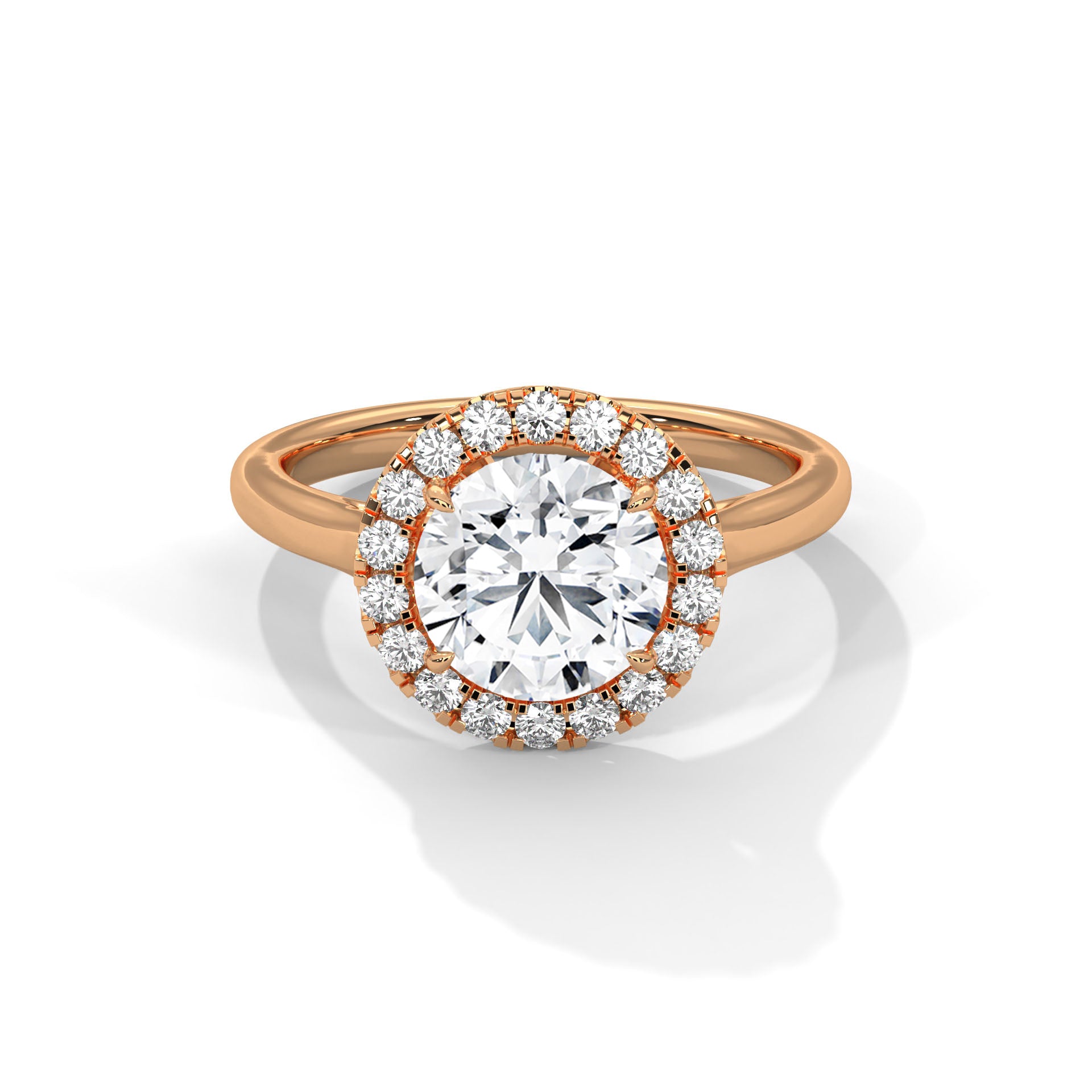 Rose gold ring with a large diamond and smaller diamonds around on a white background