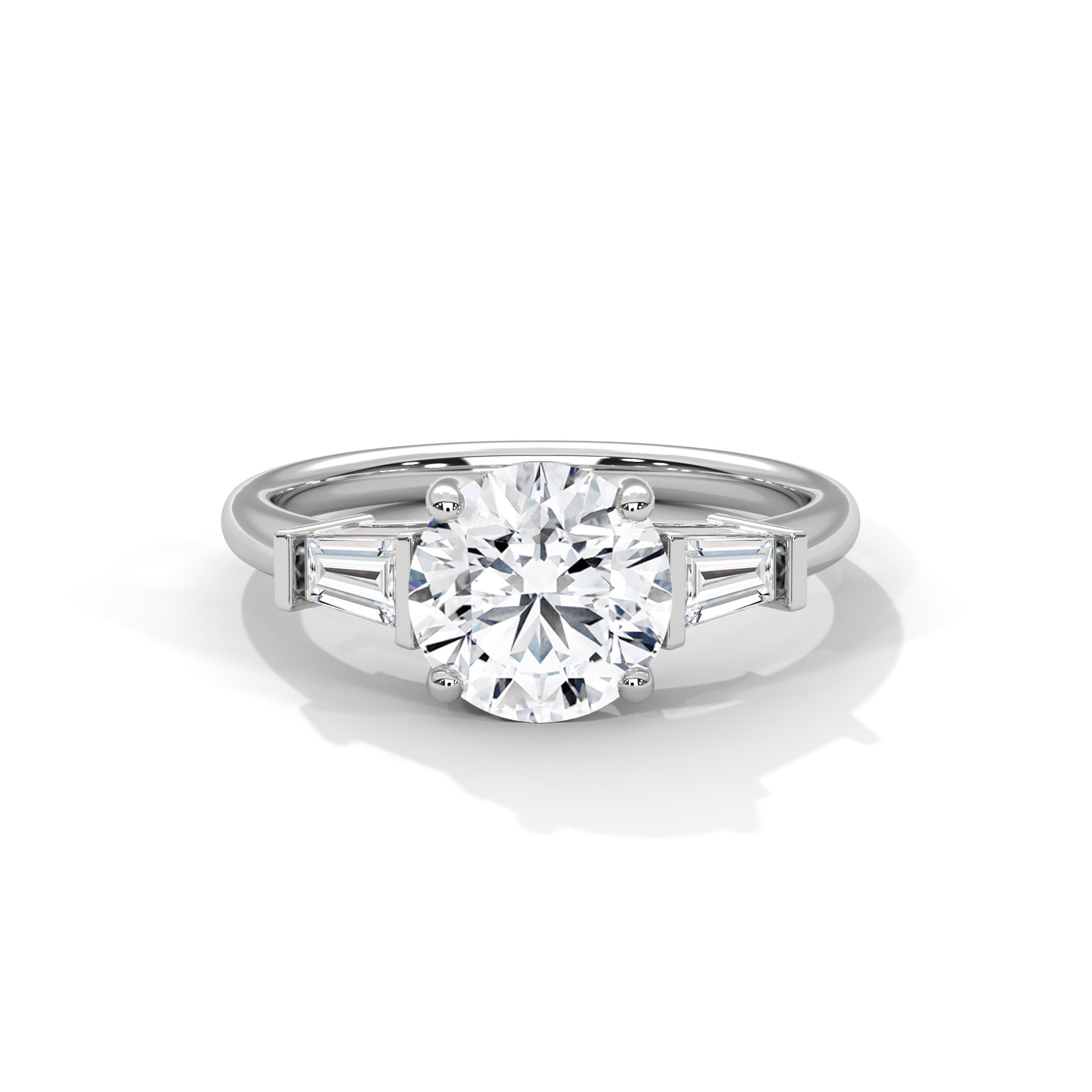 Round Three-Stone Engagement Ring with Tapered Baguettes