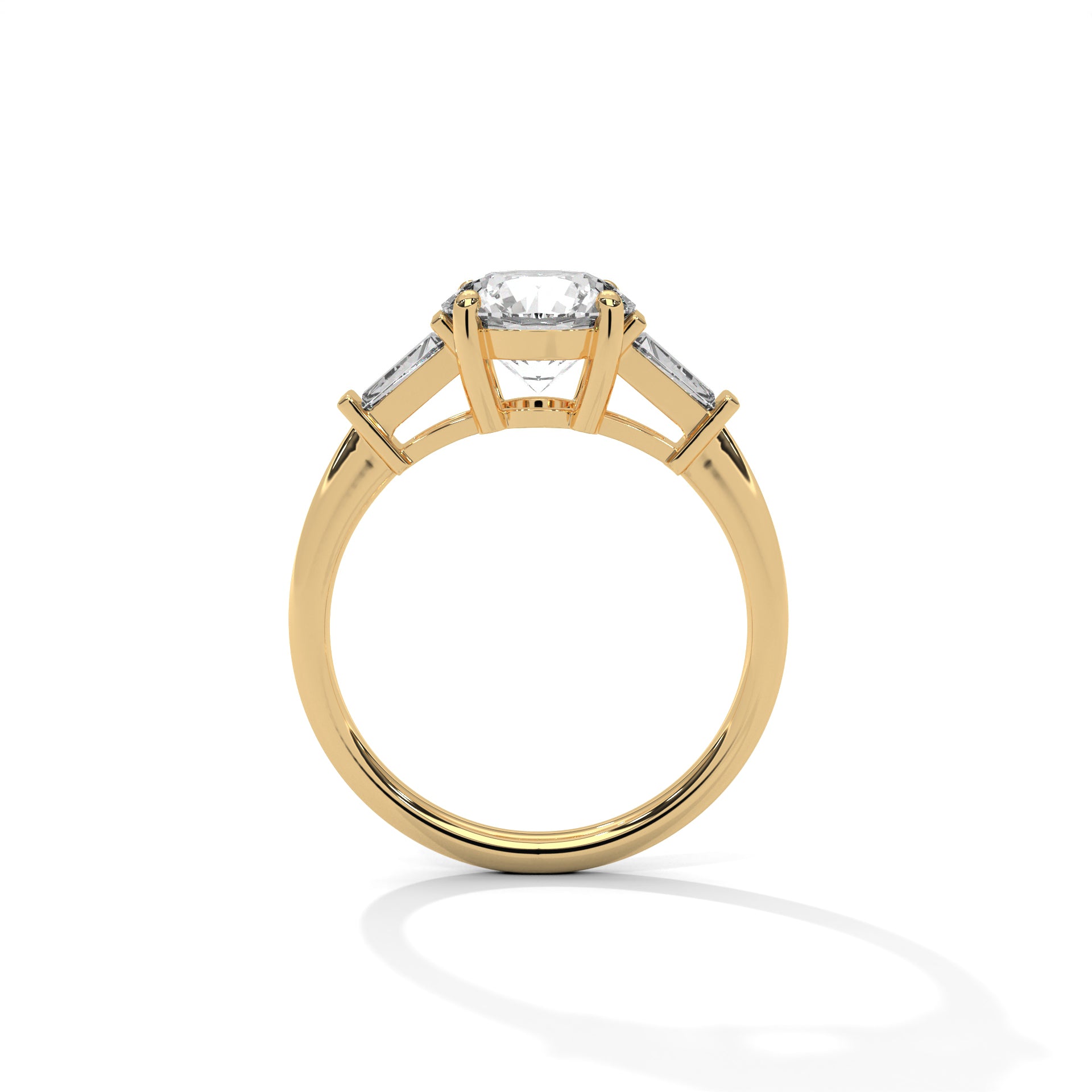 Round Three-Stone Engagement Ring with Tapered Baguettes